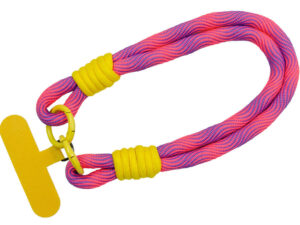 Personalized paracord lanyard with phone holder. Adjustable lanyard in pink shades. Yellow phone adapter. Available at AMGS Group.
