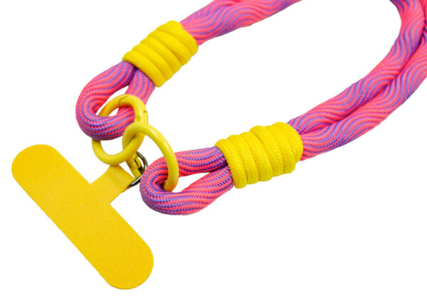 Personalized braided paracord lanyard with phone holder. Adjustable lanyard. Yellow phone adapter. Close-up of knots and fastenings. Available at AMGS Group.