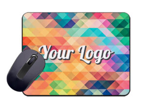 Rectangular mouse pad with multicolor logo design – branded desk accessory.
