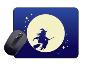 Custom printed mouse pad with witch graphic – full-color sublimation design from AMGS Group.