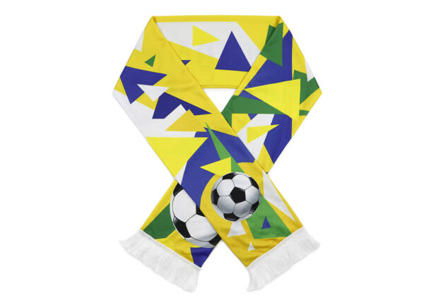 Sports scarf in Brazilian style with geometric artwork and a football motif, finished with white tassels.