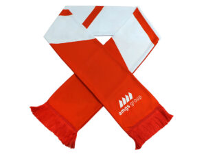 Scarf With Sublimation Print. Custom Sublimation Scarves. Red and white supporters’ scarf with a clear AMGS Group logo and tassels, crossed on a white background.