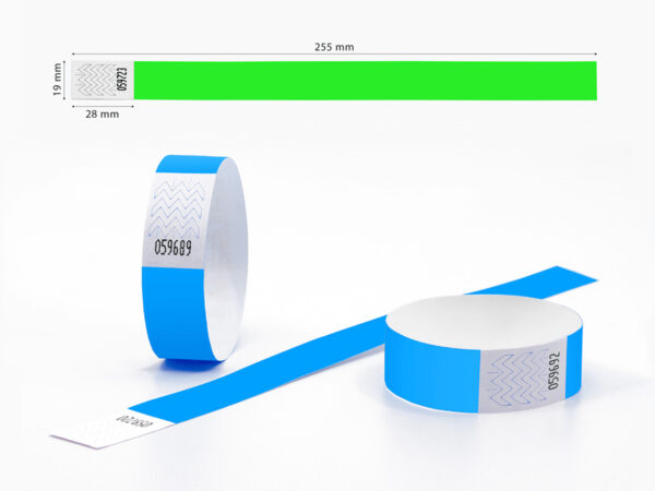 Technical dimensions of 19mm Tyvek wristband showing length (255mm) and adhesive area. Manufacturer AMGS Group.