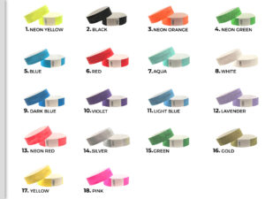 Color chart for 19mm Tyvek wristbands. Overview of 18 available colors for custom printing. Manufacturer AMGS Group.