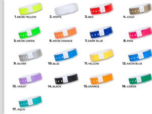 Color chart for 19mm vinyl wristbands. Display of 17 available color options for B2B identification bands. Manufacturer AMGS Group.