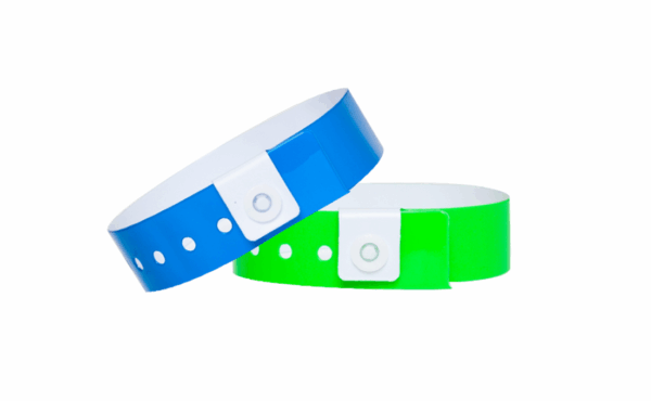 Custom Vinyl Wristband with Logo. Blue and green vinyl wristbands with a secure white plastic snap. Durable wrist identifiers for events and hotels. Manufacturer AMGS Group.