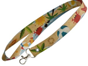 Yellow sustainable lanyard made of waterproof washable paper (washpaper) with sublimation print and a single carabiner. Available at AMGS Group.
