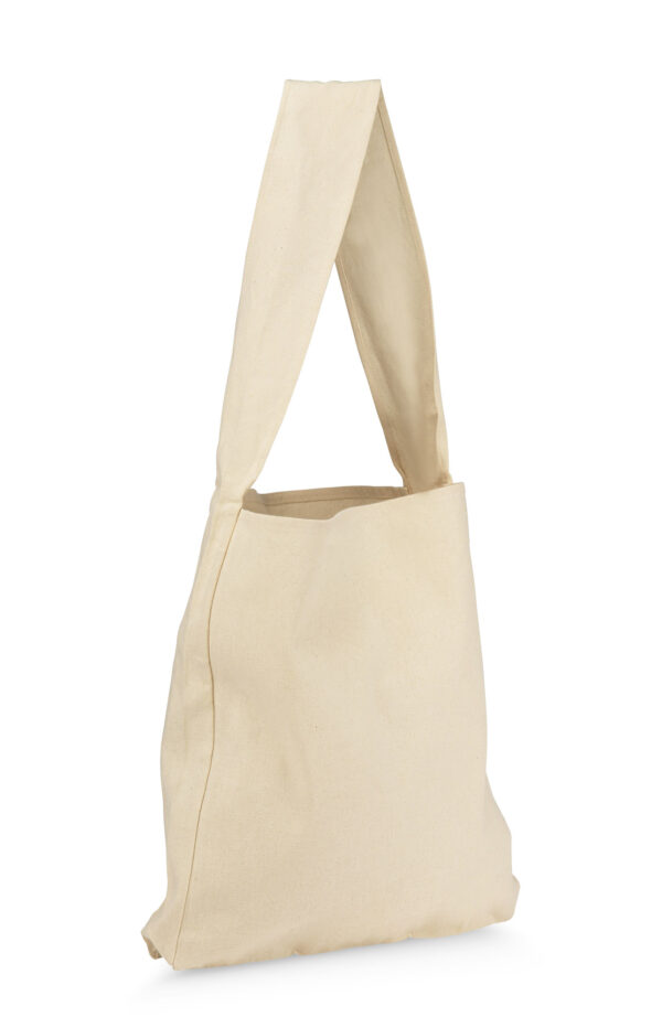 Customised ARPO 200 G Cotton Bag With Logo. Customised ARPO 200 g cotton bag, beige, long strap, with printed logo.