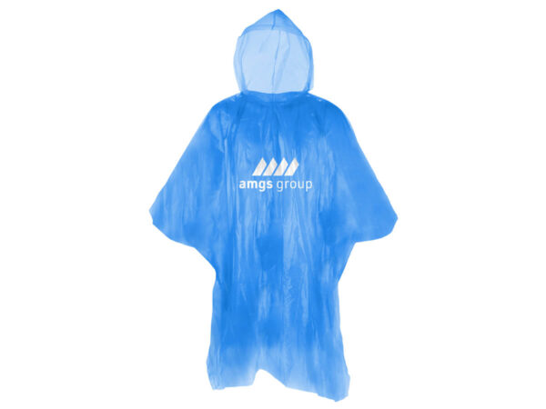 Biodegradable blue printed poncho in a personalized box from AMGS Group.