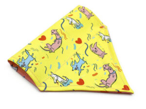 Bright yellow customizable dog bandana featuring playful cat designs, perfect for personalization with sublimation printing.