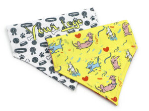Customizable dog bandanas with colorfull designs perfect for personalization, with sublimation printing. From AMGS Group.