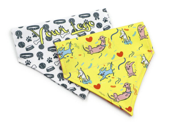 Customizable dog bandanas with colorfull designs perfect for personalization, with sublimation printing. From AMGS Group.