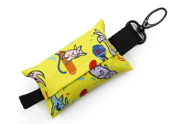 View of a colorful, customizable dog poop bag holder with fun cat patterns and a durable hook.