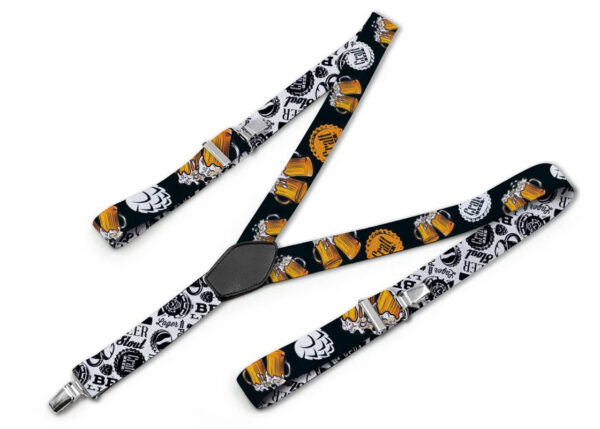 Custom printed suspenders. Personalized promotional suspenders for adults. Fully sublimated in a bright orange pattern. Polish manufacturer: AMGS Group.
