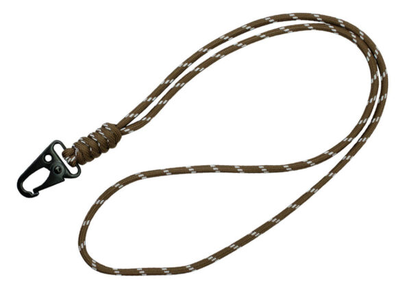 Braided paracord lanyard with tactical carabiner in brown. Gadget available at AMGS Group.