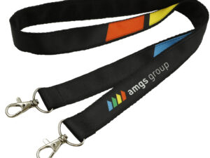 Double-Layer Lanyard With Double Hooks ensuring secure attachment for dual-hole ID badges. Full sublimation print for vivid branding. Provided by AMGS Group.