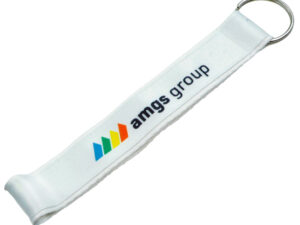 Custom Short Double-Layer Lanyard with Ring. Detailed view of white keychain with a double-layer strap. A practical advertising gadget from AMGS Group.