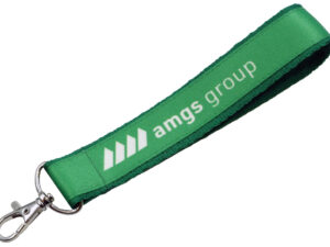 Short stitched keychain with green bottom strap and top layer. Printed using sublimation technology. Available at AMGS Group.