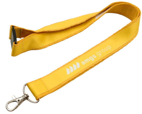 A sewn-on lanyard with a safety breakaway. Featuring a double-layer construction and a breakaway feature, the webbing disconnects with a strong tug. It features a yellow sublimation print. Available from AMGS Group.