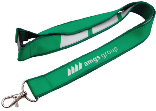 Double-layer lanyard with sublimated top strap and safety breakaway clasp, finished with a carabiner. A solid and functional advertising lanyard available from AMGS Group.