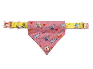 Stylish two-tone customizable dog bandana in pink and yellow with playful cat patterns, ideal for branding and promotions.
