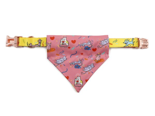 Stylish two-tone customizable dog bandana in pink and yellow with playful cat patterns, ideal for branding and promotions.