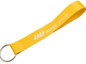 A custom short polyester keychain with a yellow sublimation print for attaching keys. Fully personalized by AMGS Group.