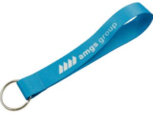 A short polyester lanyard with a blue sublimation print for attaching keys, finished with a metal ring. Fully customizable by AMGS Group.