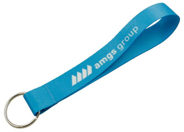 A short polyester lanyard with a blue sublimation print for attaching keys, finished with a metal ring. Fully customizable by AMGS Group.