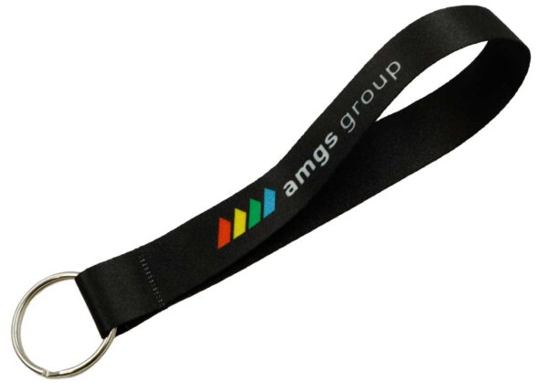 Black polyester keychain with sublimation print featuring the AMGS Group logo. Short lanyard with key ring.