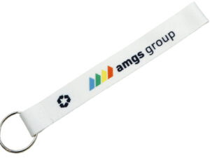 Custom Short rPET Lanyard With Ring. Eco-friendly rPET keychain in a light color, with a printed logo and recycling symbol. Finished with a durable metal ring and high-quality sublimation print. Available exclusively at AMGS Group