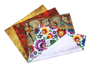 Custom microfiber cloth with vivid folk print – perfect for cleaning glasses, screens and smartphones, available from AMGS Group.