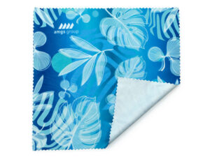 Eco-friendly rPET microfiber cleaning cloth with logo – blue tropical design, perfect for cleaning glasses and screens; available at AMGS Group.