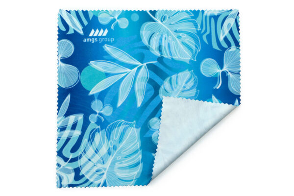 Eco-friendly rPET microfiber cleaning cloth with logo – blue tropical design, perfect for cleaning glasses and screens; available at AMGS Group.