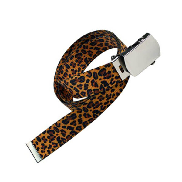 Fashionable polyester belt with sublimation leopard print and metal buckle.