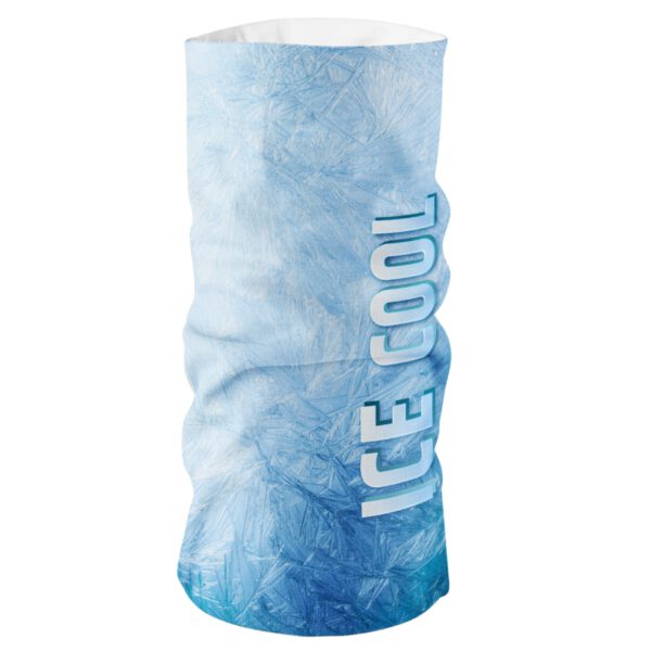 LOOP ICE multifunctional cooling scarf in blue with an ice crystal print and the inscription "ICE COOL". Fully customizable, available from AMGS Group.