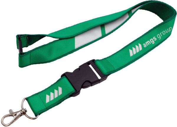 Double-layer lanyard in green with integrated quick-release buckle and safety breakaway, allowing fast key access and enhanced user protection. Offered by AMGS Group.