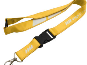 Yellow double layer lanyard with a connector for quick release of keys or an ID badge. Equipped with a safety breakaway. AMGS Group.