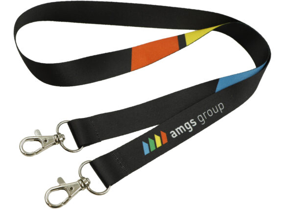 Custom Printed Lanyard With Double Hooks and sublimation print, designed to be worn around the neck. From AMGS Group.