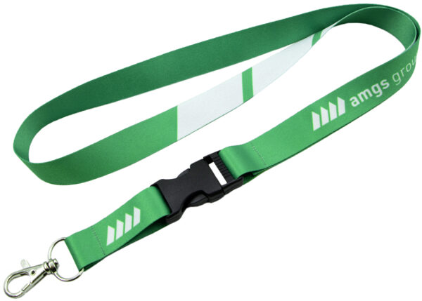 Green Custom Printed Lanyard With Buckle and sublimation print for easy removal of keys or ID badges.
