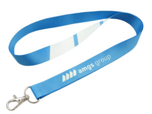 Custom Printed Lanyard with Hook. Durable blue polyester lanyard with vibrant sublimation print and metal carabiner. Available at AMGS Group