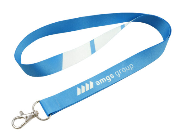 Custom Printed Lanyard with Hook. Durable blue polyester lanyard with vibrant sublimation print and metal carabiner. Available at AMGS Group