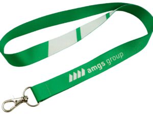 Forest green polyester lanyard with striking white accents and carabiner, ideal for fresh corporate design and events. Available at AMGS Group.