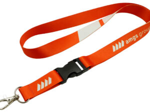 Red polyester lanyard with a buckle that allows quick release of accessories. Check out the offer from AMGS Group.