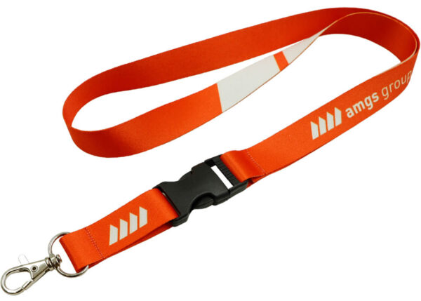 Red polyester lanyard with a buckle that allows quick release of accessories. Check out the offer from AMGS Group.