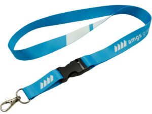 Functional blue polyester lanyard with quick-release buckle for easy key access without removing the strap. Available at AMGS Group