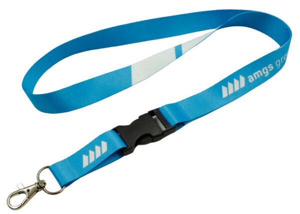 Functional blue polyester lanyard with quick-release buckle for easy key access without removing the strap. Available at AMGS Group