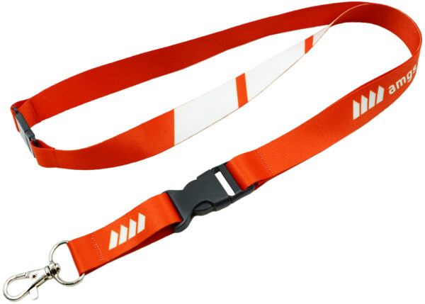 Polyester lanyard with safety breakaway and buckle. Full sublimation print with customizable branding options. Features both a quick-release buckle for easy detachment and a safety breakaway that disconnects the strap under strong tension. AMGS Group.