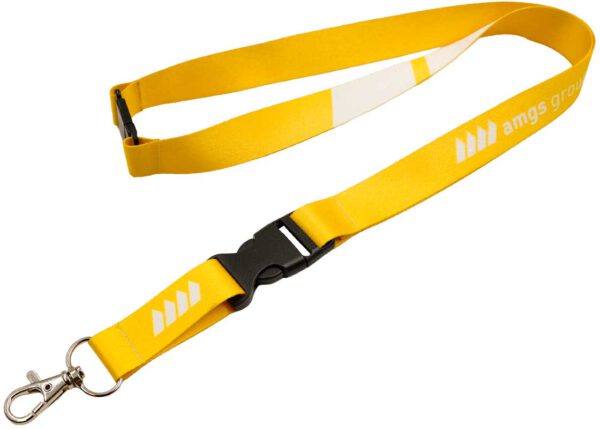Yellow polyester lanyard with sublimation print, featuring both a safety breakaway and a detachable buckle for added flexibility and protection. AMGS Group.