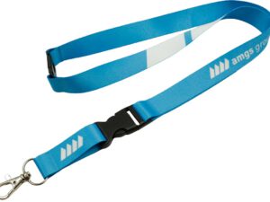 Flexible light blue polyester lanyard with quick-release buckle and safety breakaway – ideal for everyday use. Available at AMGS Group.